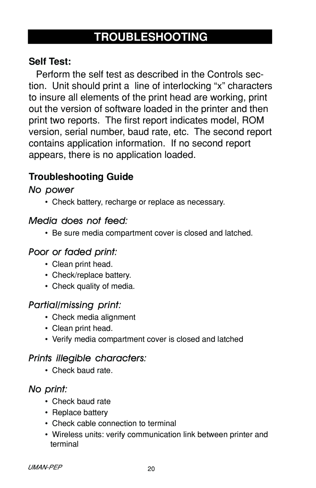 Zebra Technologies Portable Encoding Printer Self Test, Troubleshooting Guide, No power, Media does not feed, No print 