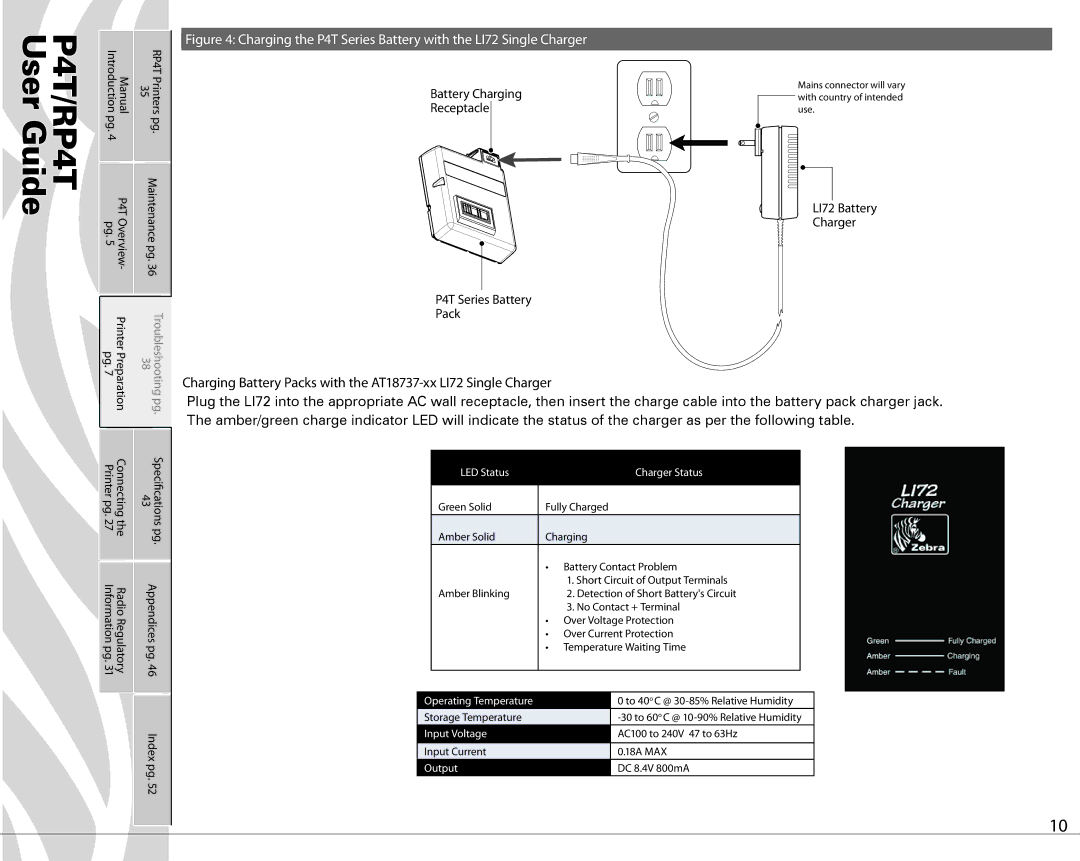 Zebra Technologies PR4T manual Maintenance pg, P4T Series Battery, LED Status Charger Status, Input Voltage, Output 