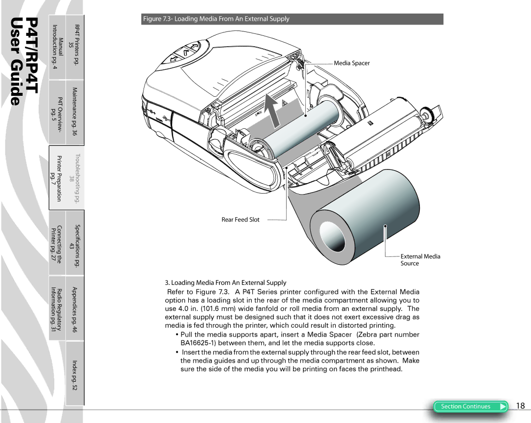 Zebra Technologies PR4T manual Loading Media From An External Supply, Media Spacer Rear Feed Slot External Media Source 