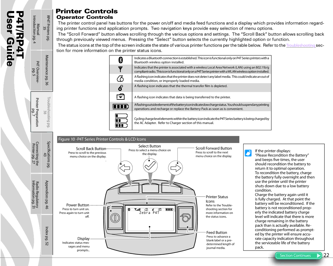 Zebra Technologies PR4T manual Printer Controls, Operator Controls, Tion for more information on the printer status icons 