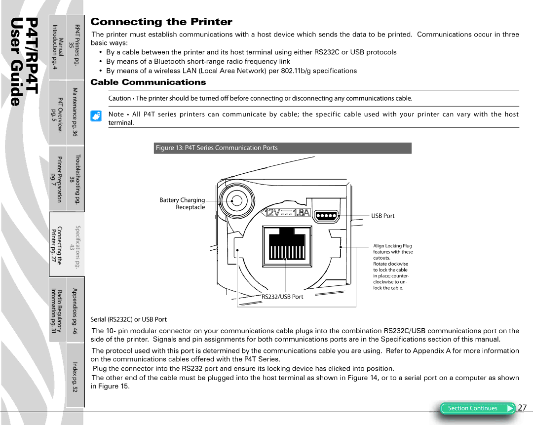 Zebra Technologies PR4T manual Connecting the Printer, Cable Communications 