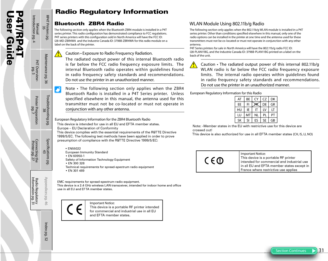 Zebra Technologies PR4T Radio Regulatory Information, Bluetooth ZBR4 Radio, European Regulatory Information for this Radio 