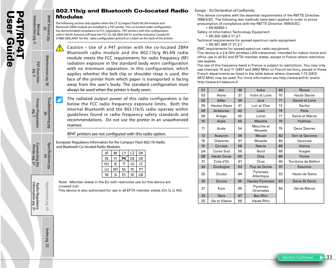 Zebra Technologies PR4T manual 802.11b/g and Bluetooth Co-located Radio Modules 