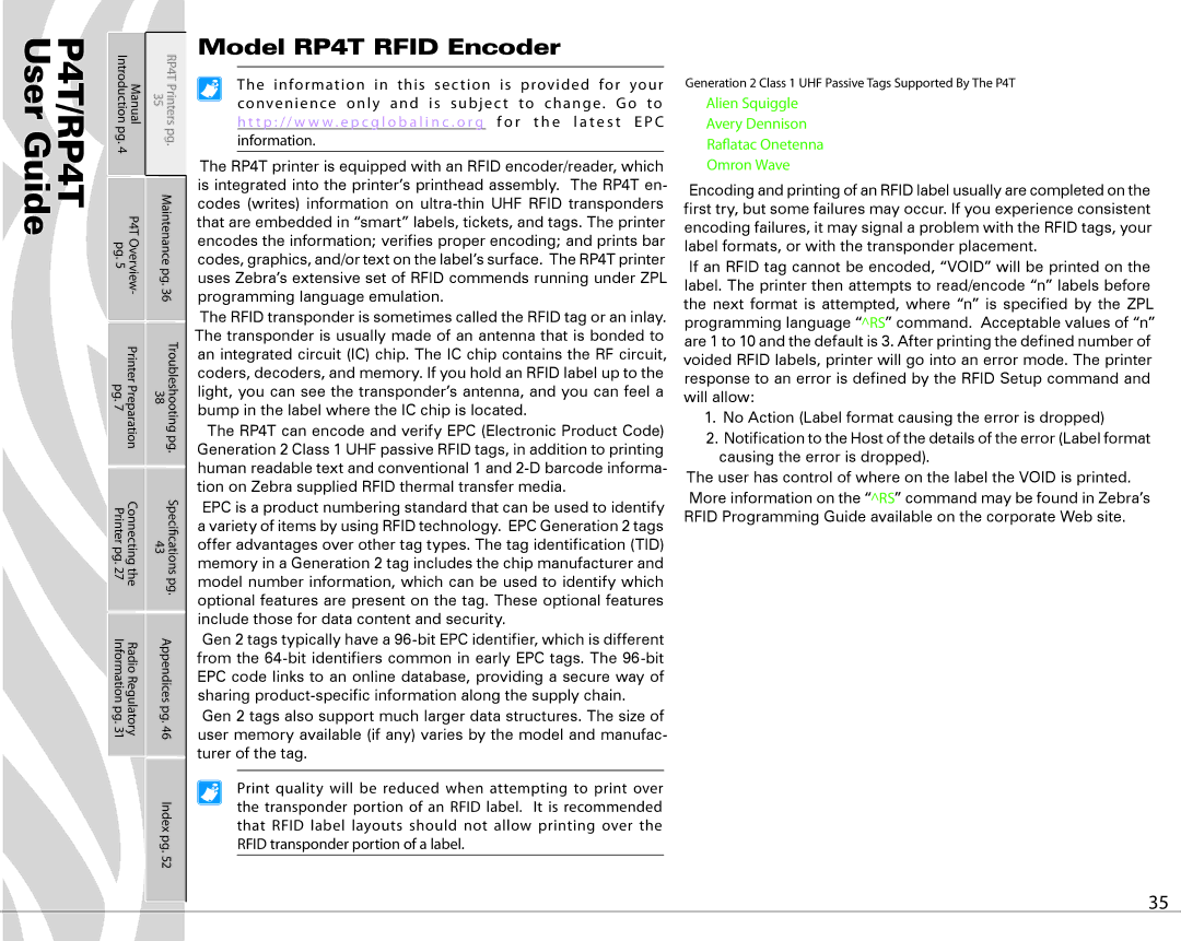 Zebra Technologies PR4T manual Model RP4T Rfid Encoder, Generation 2 Class 1 UHF Passive Tags Supported By The P4T 