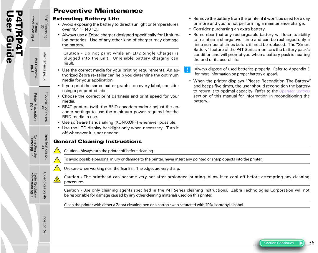 Zebra Technologies PR4T manual Preventive Maintenance, Extending Battery Life, General Cleaning Instructions 