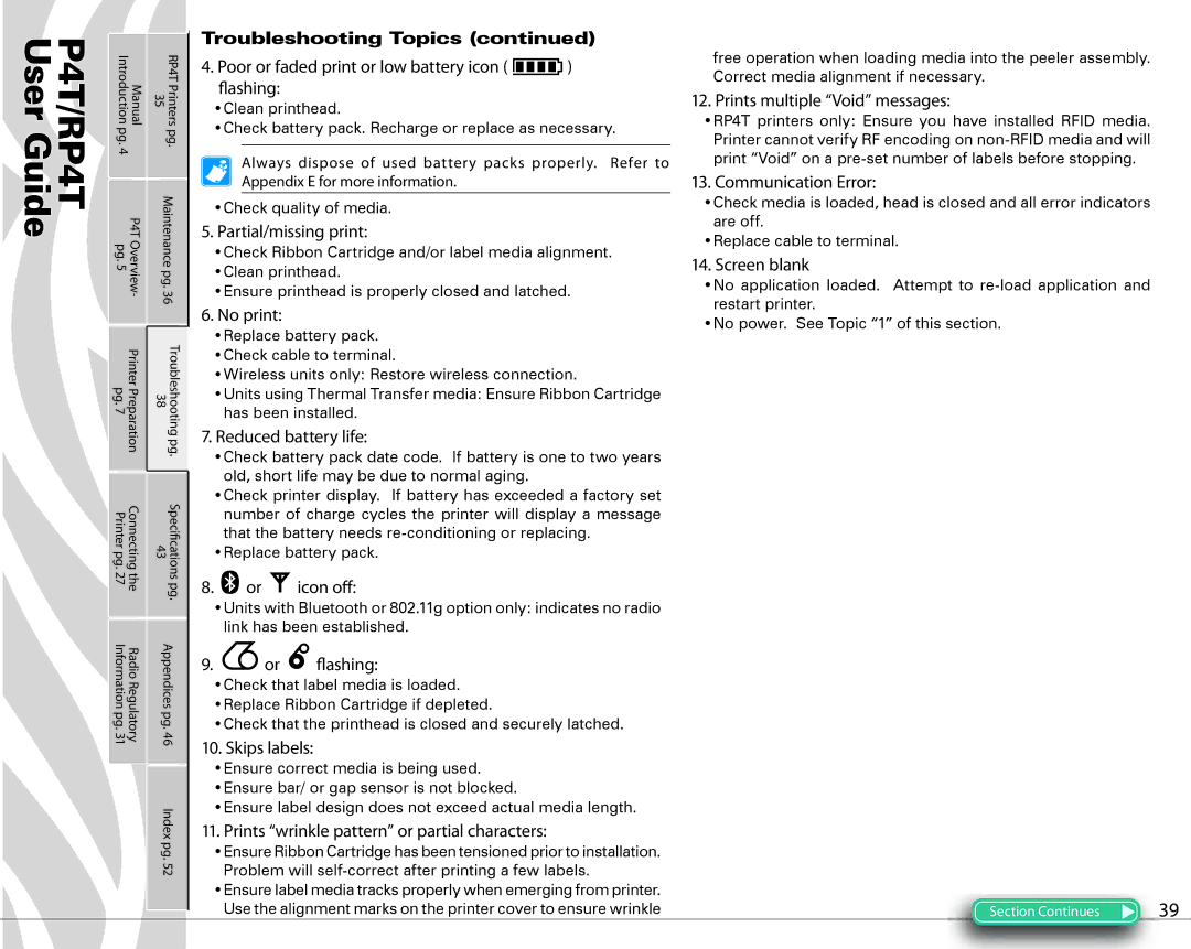 Zebra Technologies PR4T manual Troubleshooting Topics, Poor or faded print or low battery icon «ashing 