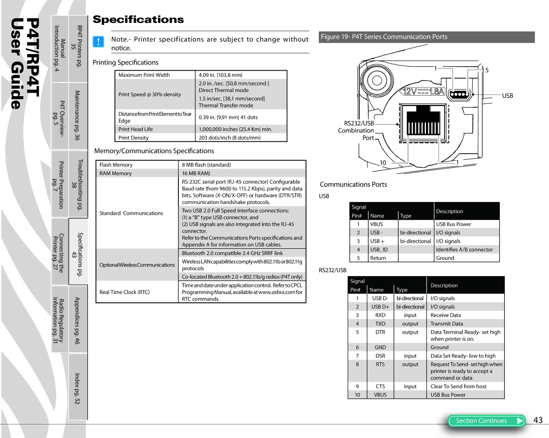 Zebra Technologies PR4T Specifications, Printing Speci†cations, Memory/Communications Speci†cations, Communications Ports 