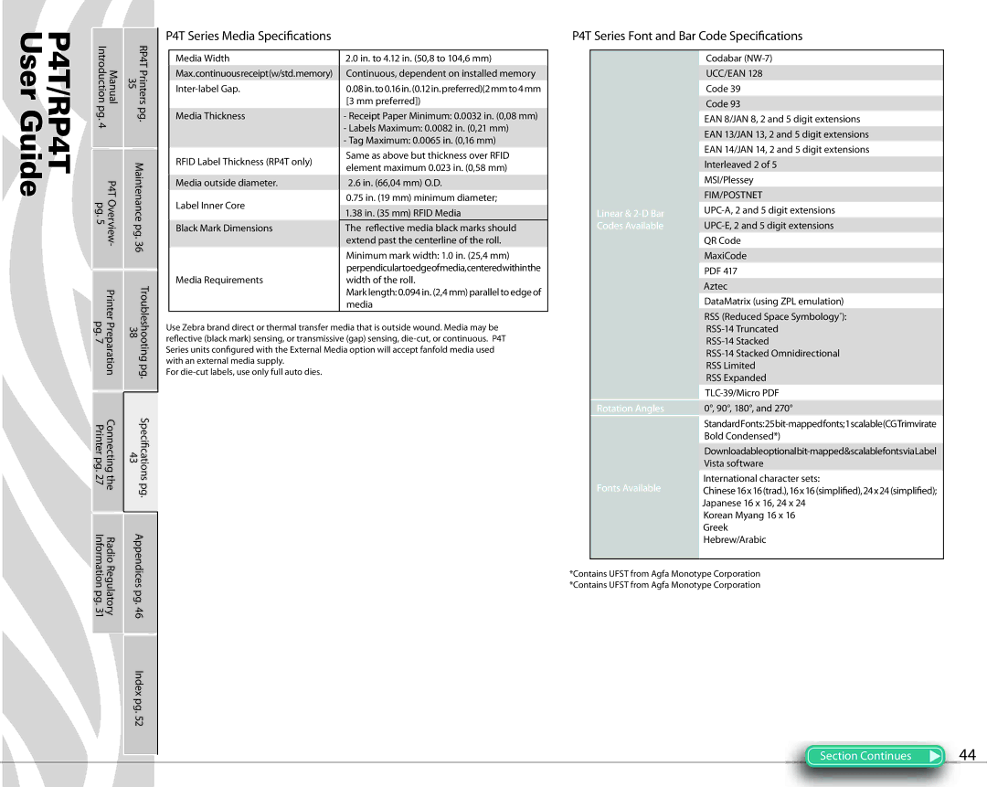 Zebra Technologies PR4T manual Radio Information Appendices, Regulatory pg Index pg, Rotation Angles Fonts Available 