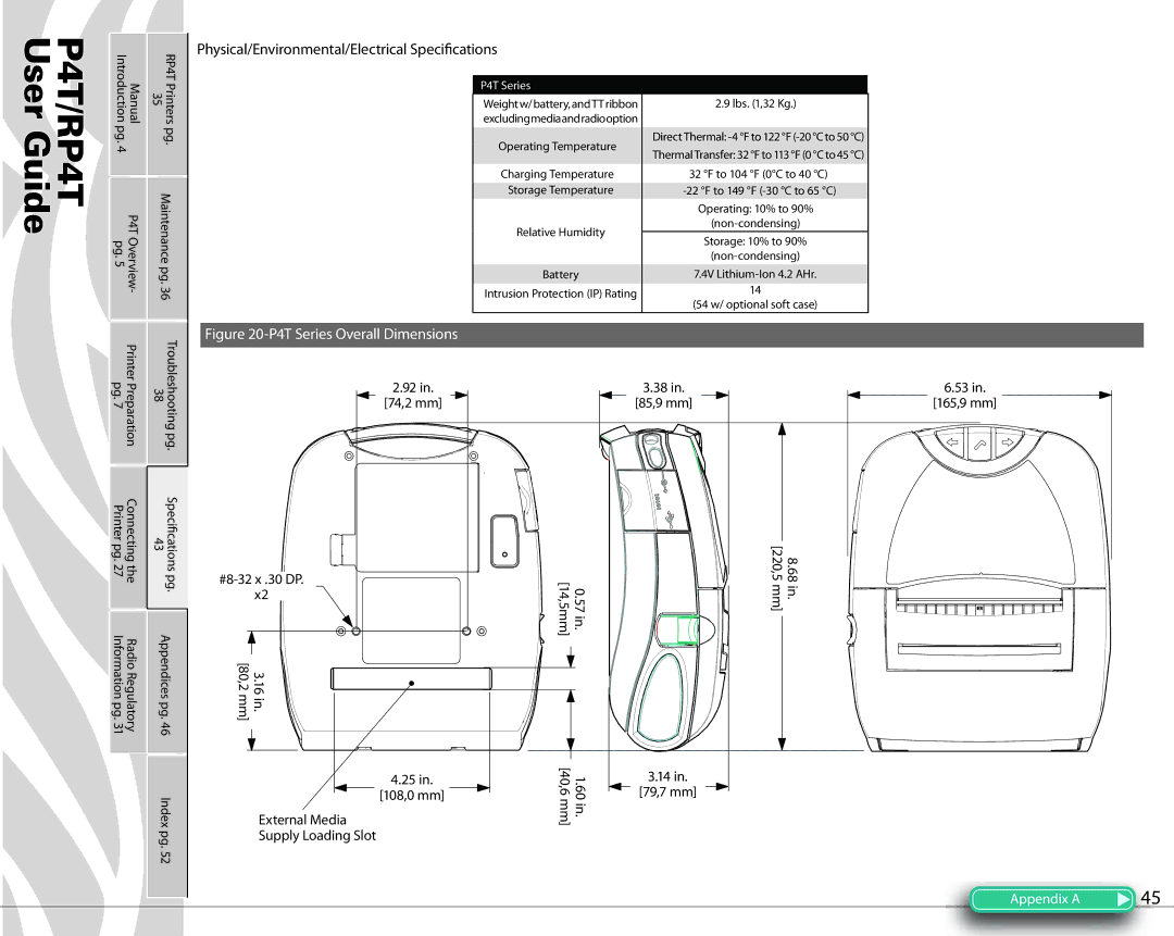 Zebra Technologies PR4T manual Physical/Environmental/Electrical Speci†cations, 220,5 mm 57 in ,5mm, 80,2 mm 