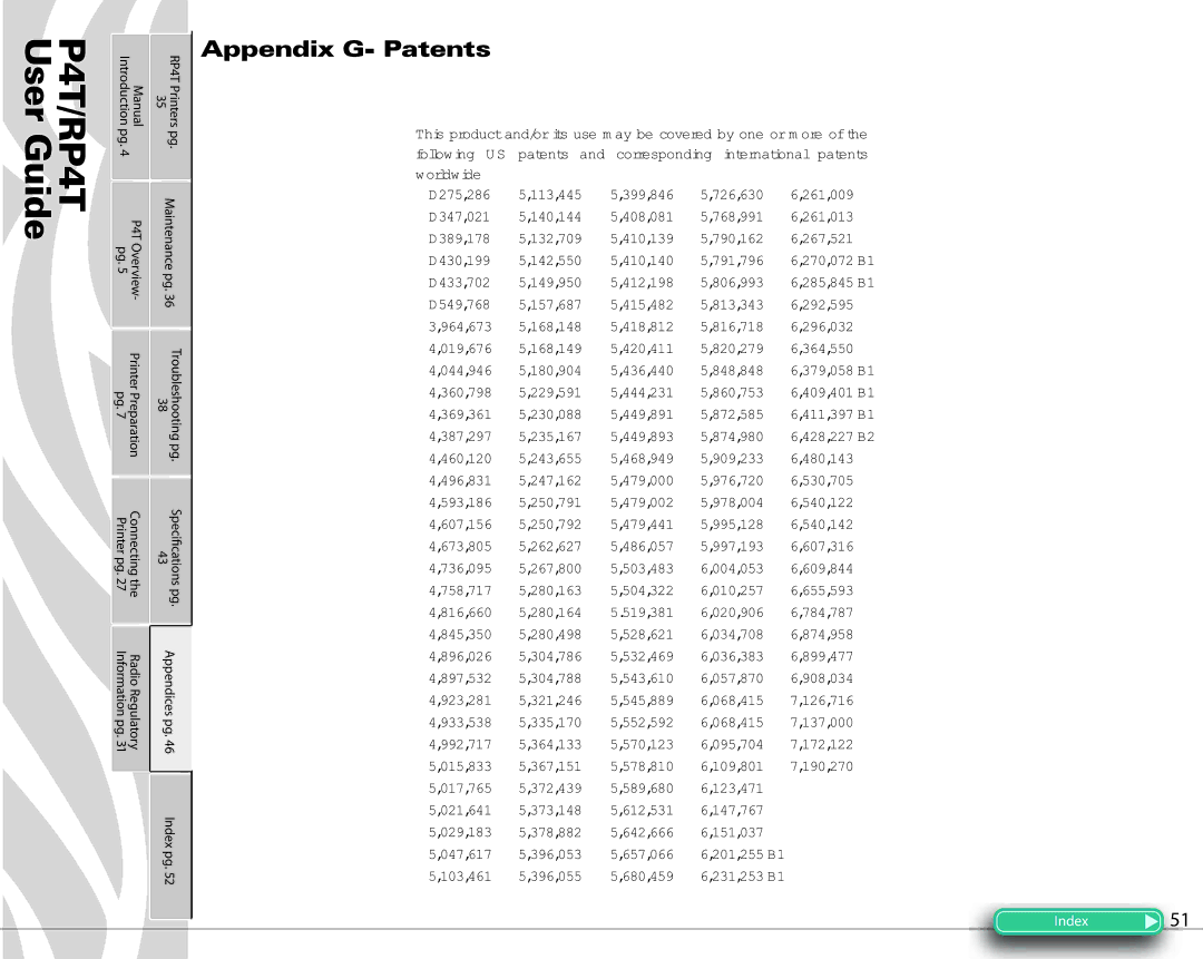 Zebra Technologies PR4T manual Appendix G- Patents 