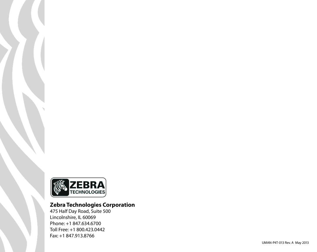 Zebra Technologies PR4T manual Zebra Technologies Corporation, UMAN-P4T-013 Rev. a May 