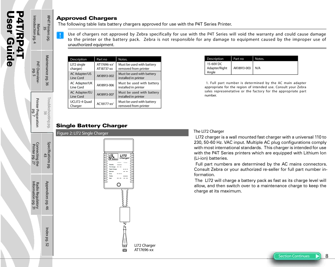 Zebra Technologies PR4T manual Approved Chargers, Single Battery Charger, Unauthorized equipment, LI72 Charger AT17696-xx 