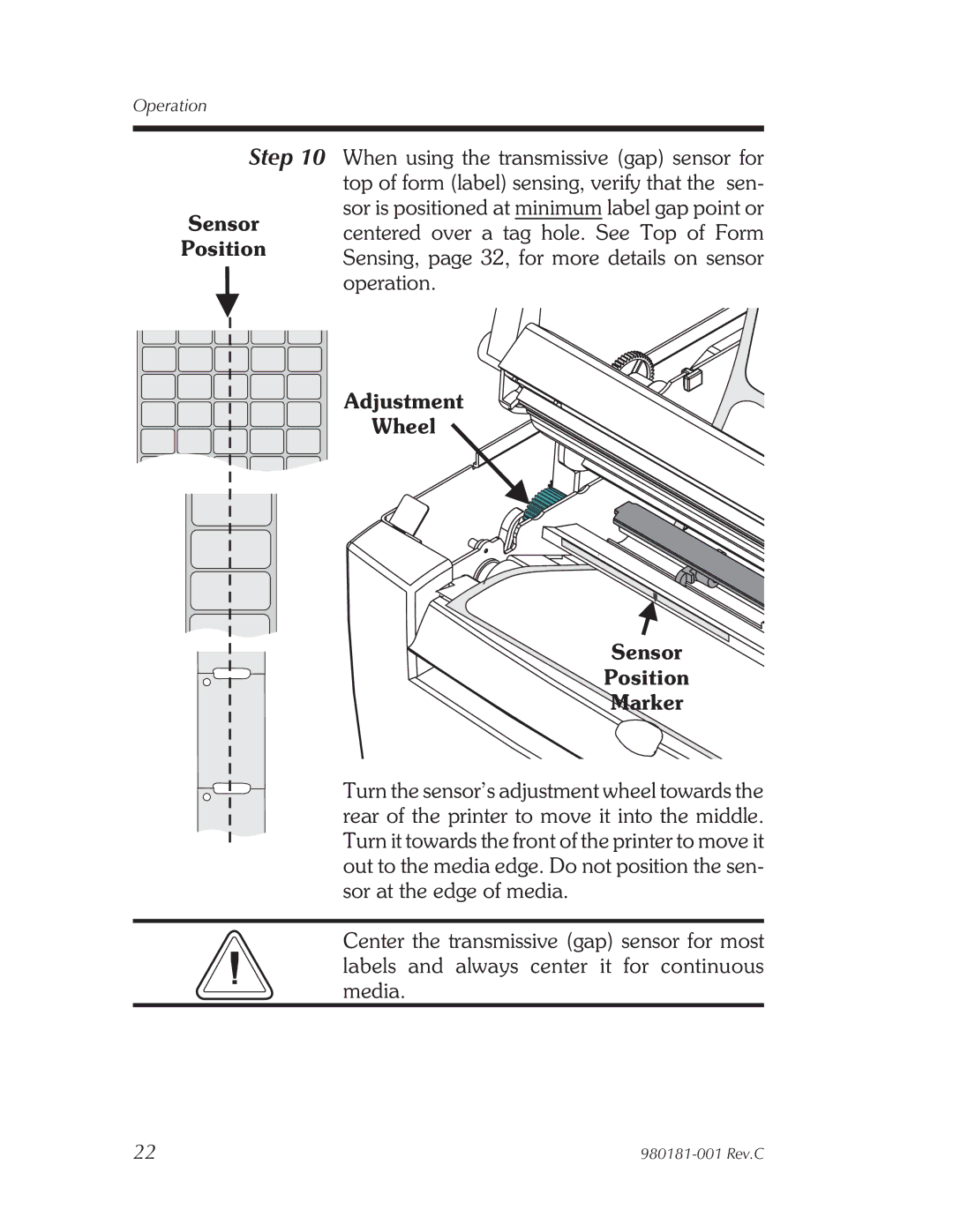 Zebra Technologies Printers user manual Step, Adjustment Wheel Sensor Position Marker 