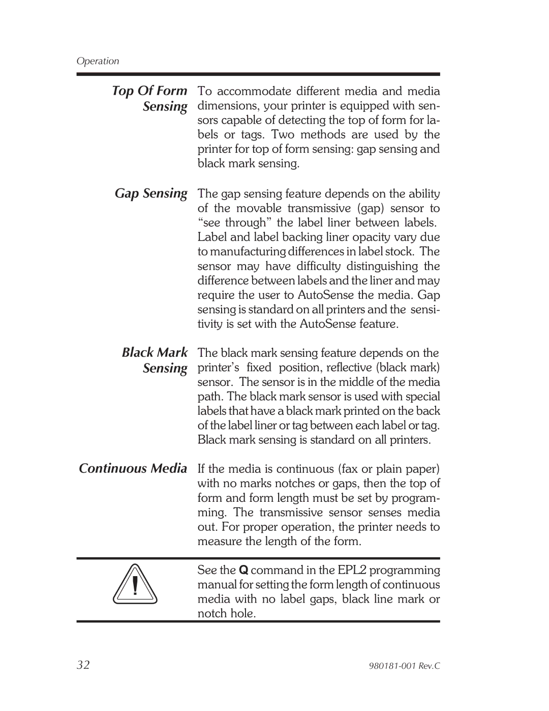 Zebra Technologies Printers user manual Top Of Form Sensing 