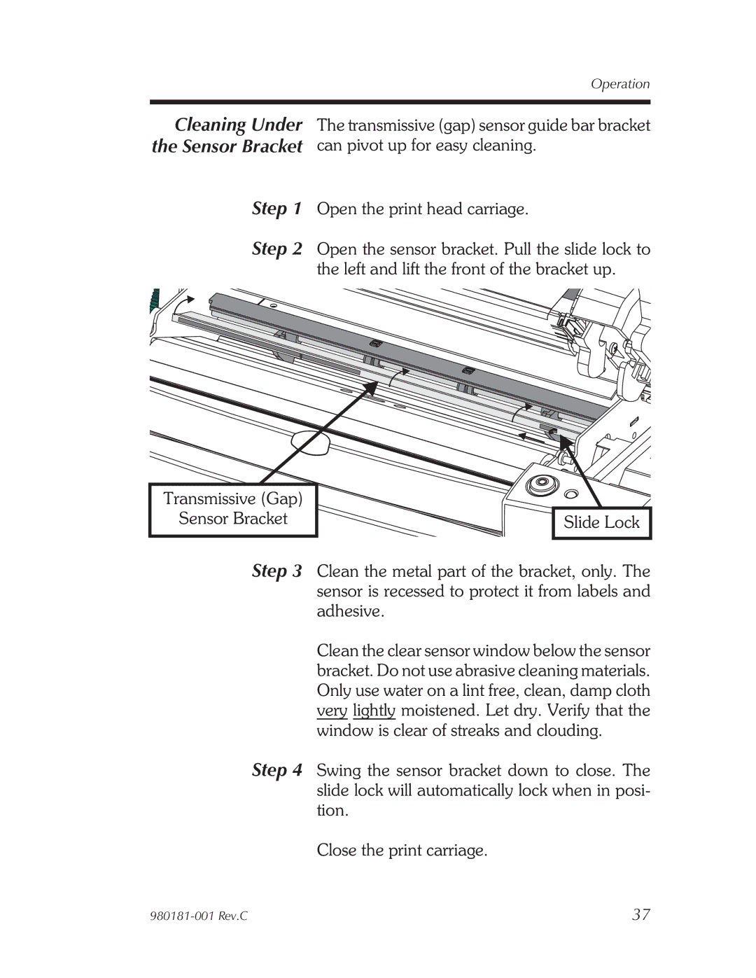 Zebra Technologies Printers user manual Cleaning Under, Sensor Bracket 