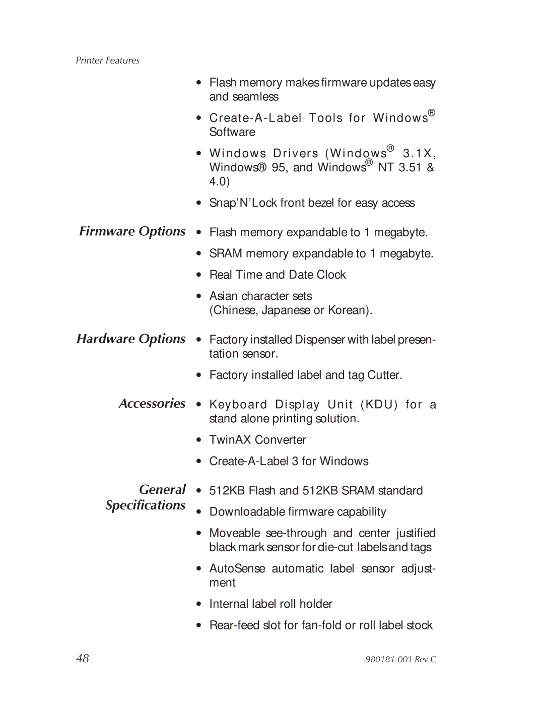 Zebra Technologies Printers user manual Hardware Options Accessories General Specifications 