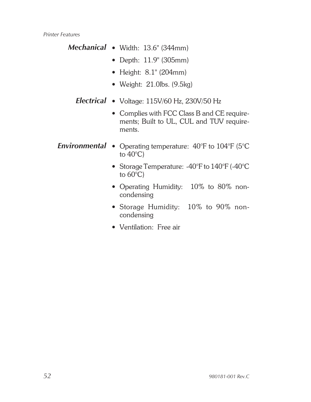 Zebra Technologies Printers user manual Printer Features 