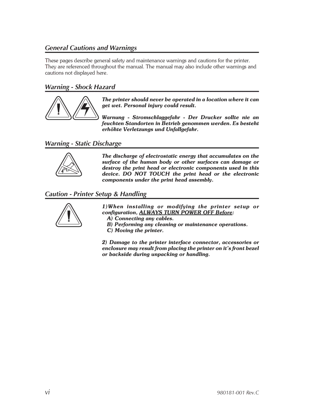 Zebra Technologies Printers user manual General Cautions and Warnings 