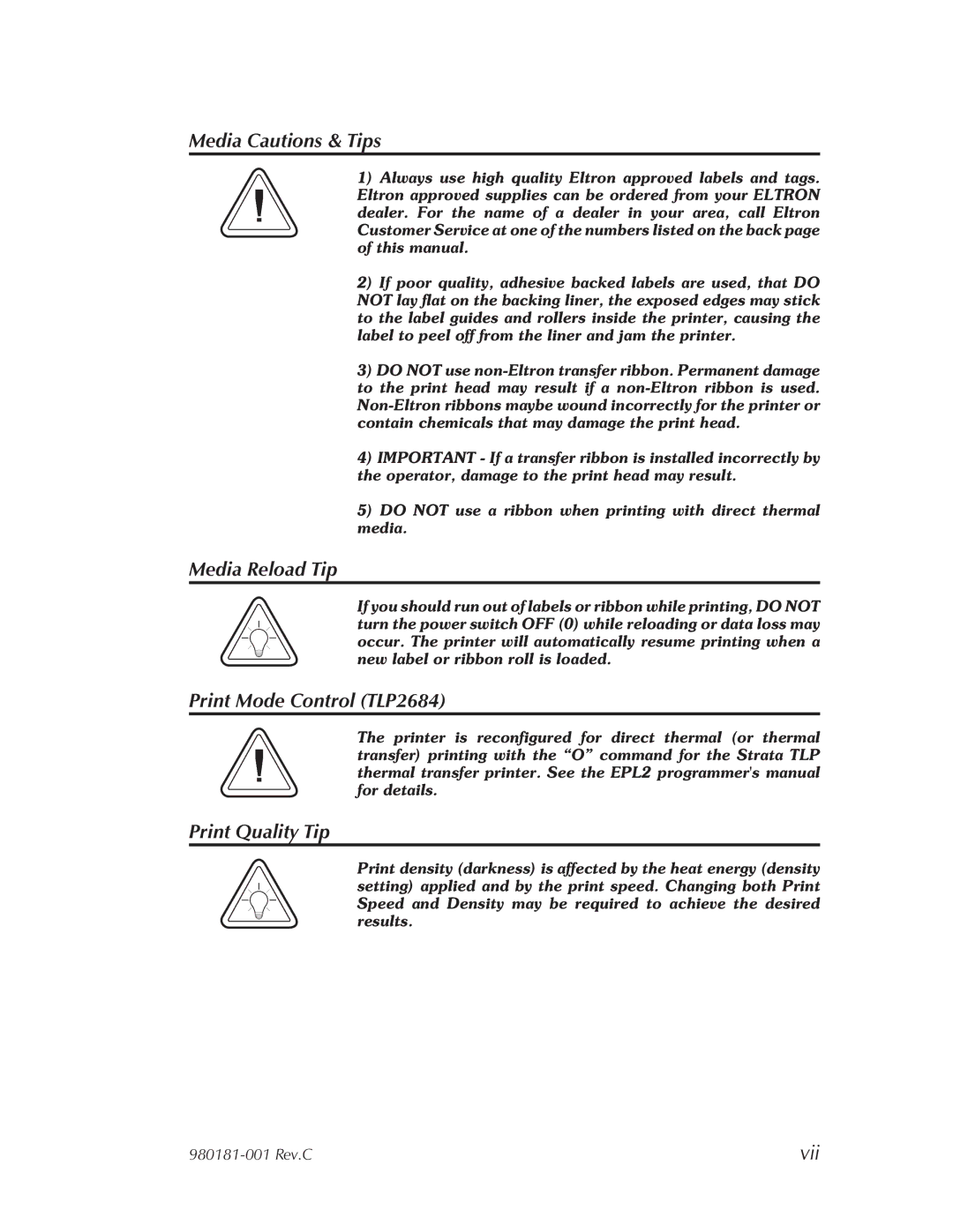 Zebra Technologies Printers user manual Media Cautions & Tips 