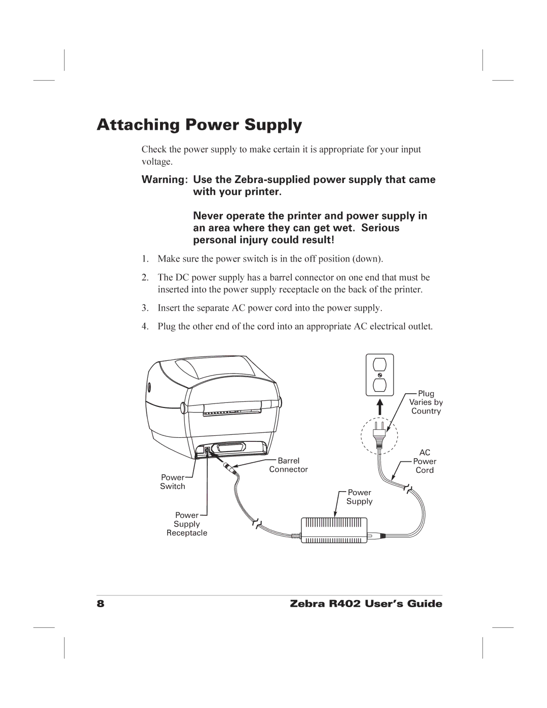 Zebra Technologies R402 manual Attaching Power Supply 