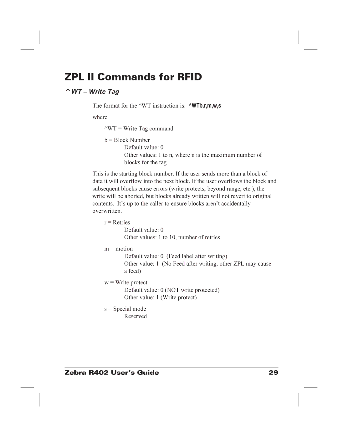 Zebra Technologies R402 manual ZPL II Commands for Rfid, WT Write Tag 