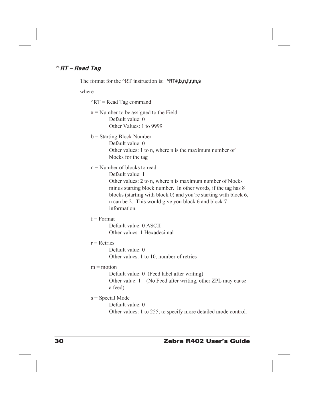 Zebra Technologies R402 manual RT Read Tag 