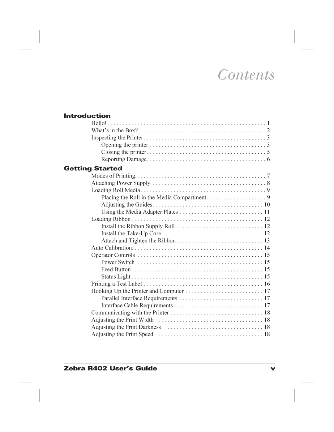 Zebra Technologies R402 manual Contents 