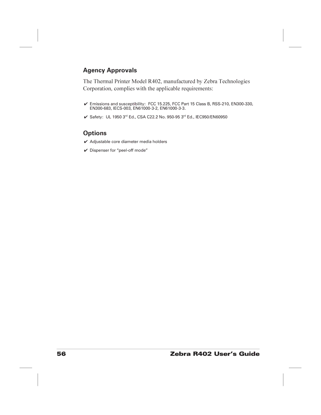 Zebra Technologies R402 manual Options 