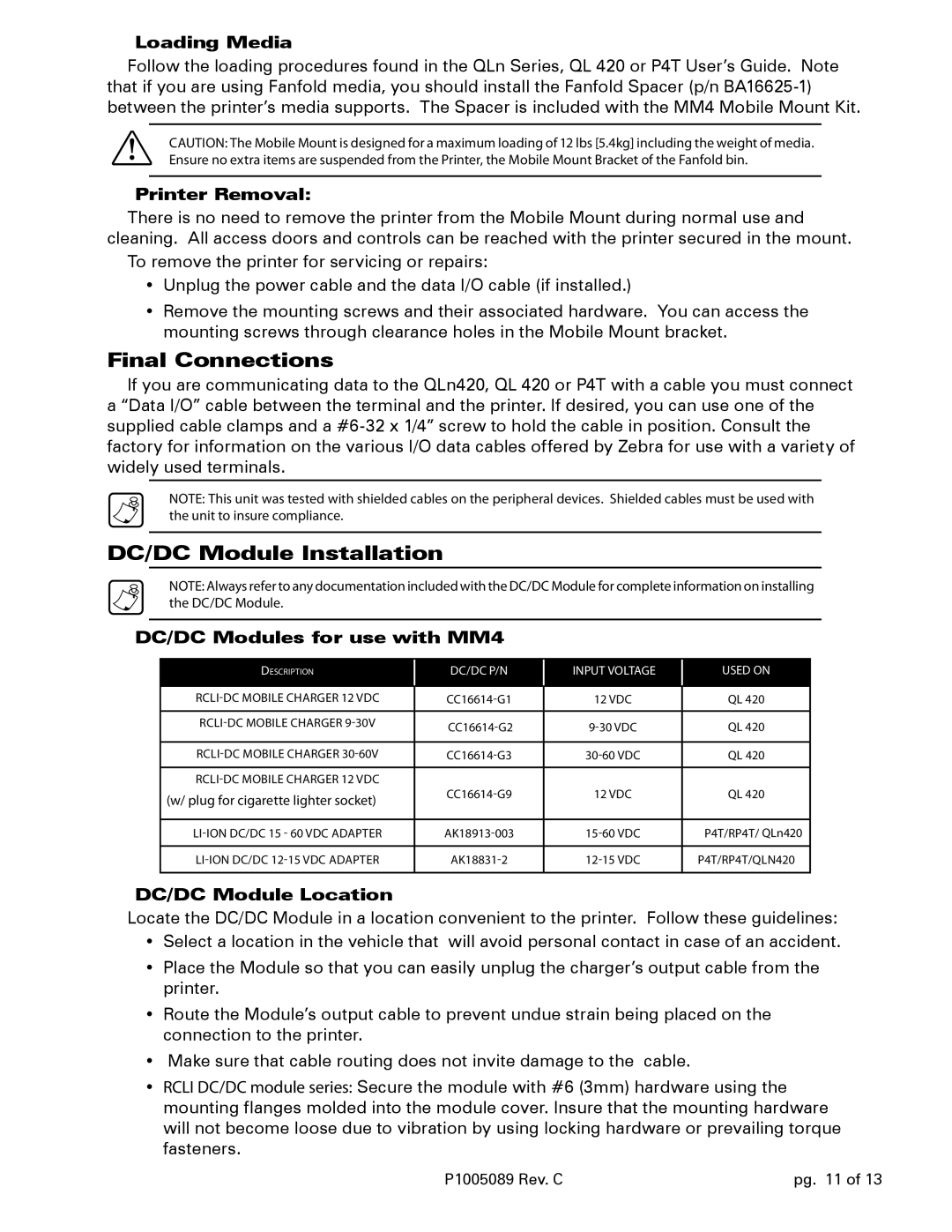 Zebra Technologies Qln420, RP4T, QL420 installation instructions Final Connections, DC/DC Module Installation 