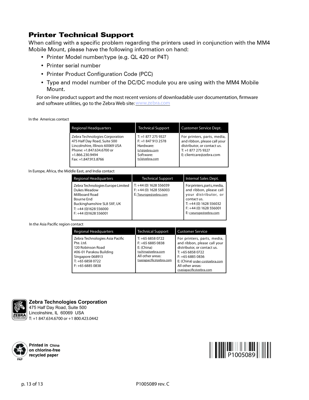 Zebra Technologies RP4T, QL420, Qln420 installation instructions Printer Technical Support, P1005089 