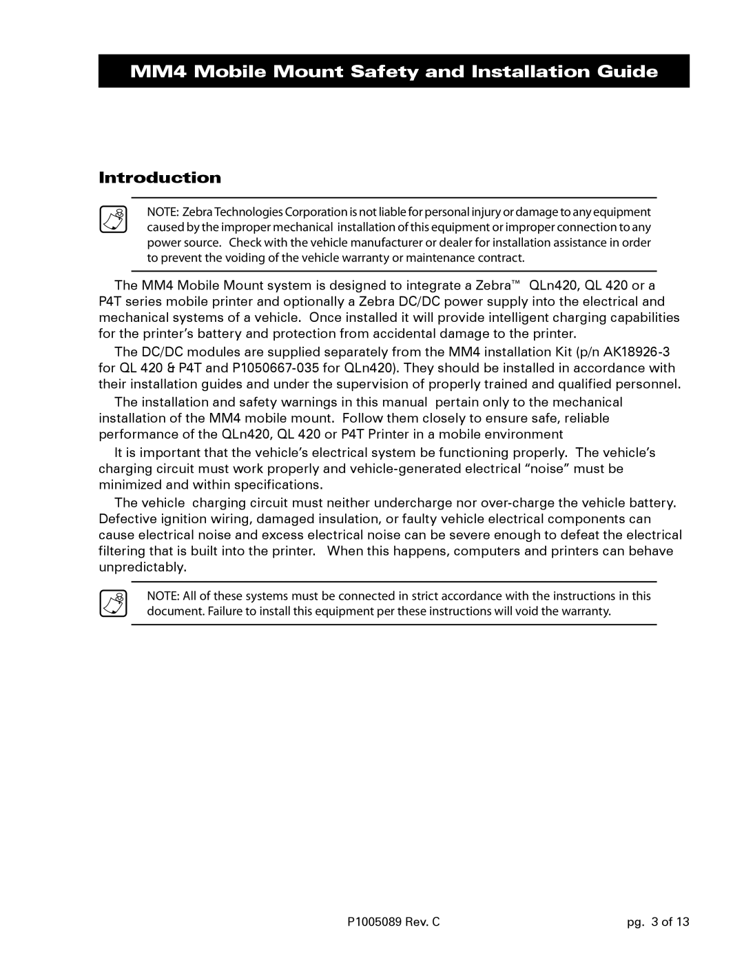 Zebra Technologies Qln420, RP4T, QL420 installation instructions MM4 Mobile Mount Safety and Installation Guide, Introduction 