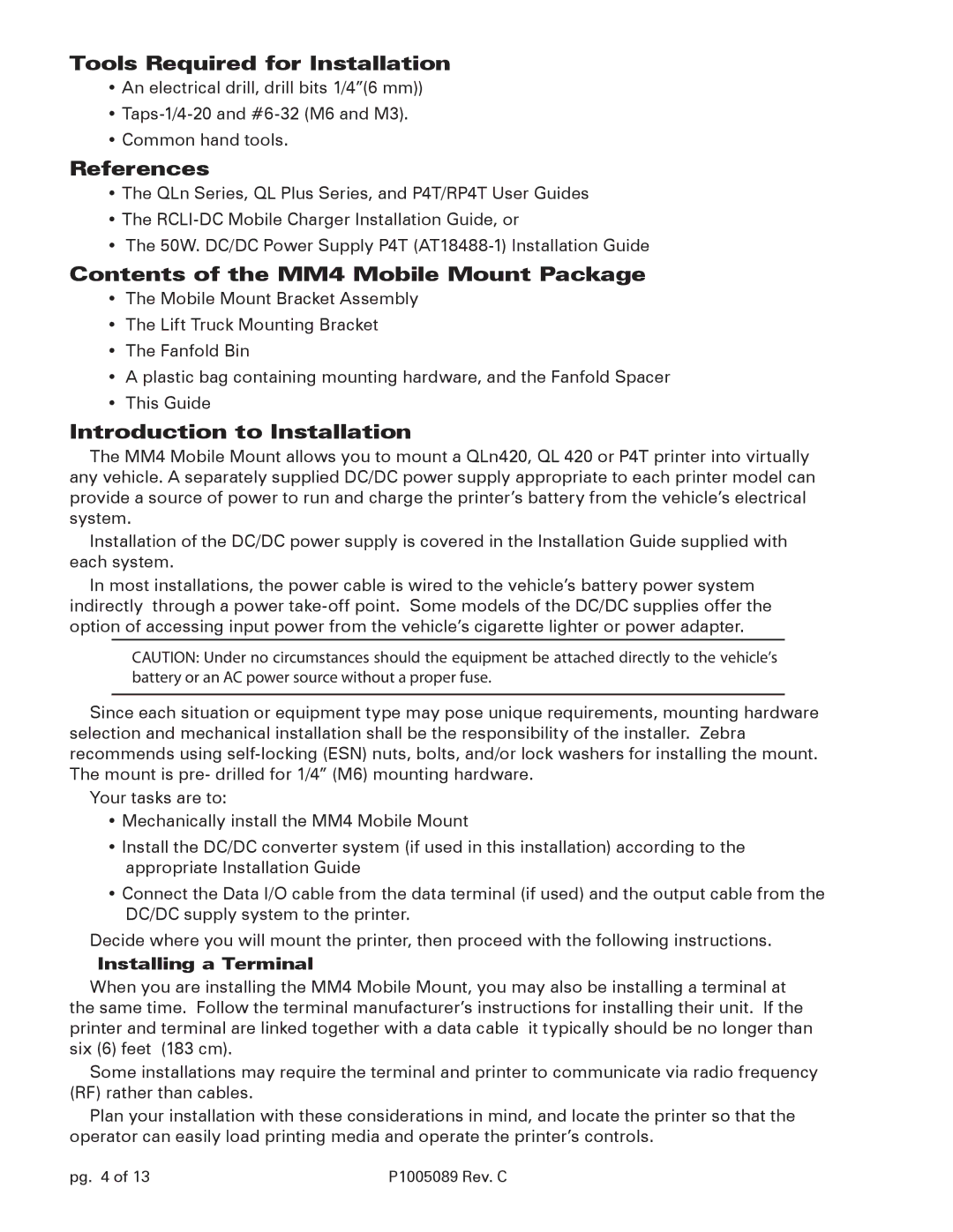 Zebra Technologies RP4T, QL420 Tools Required for Installation, References, Contents of the MM4 Mobile Mount Package 