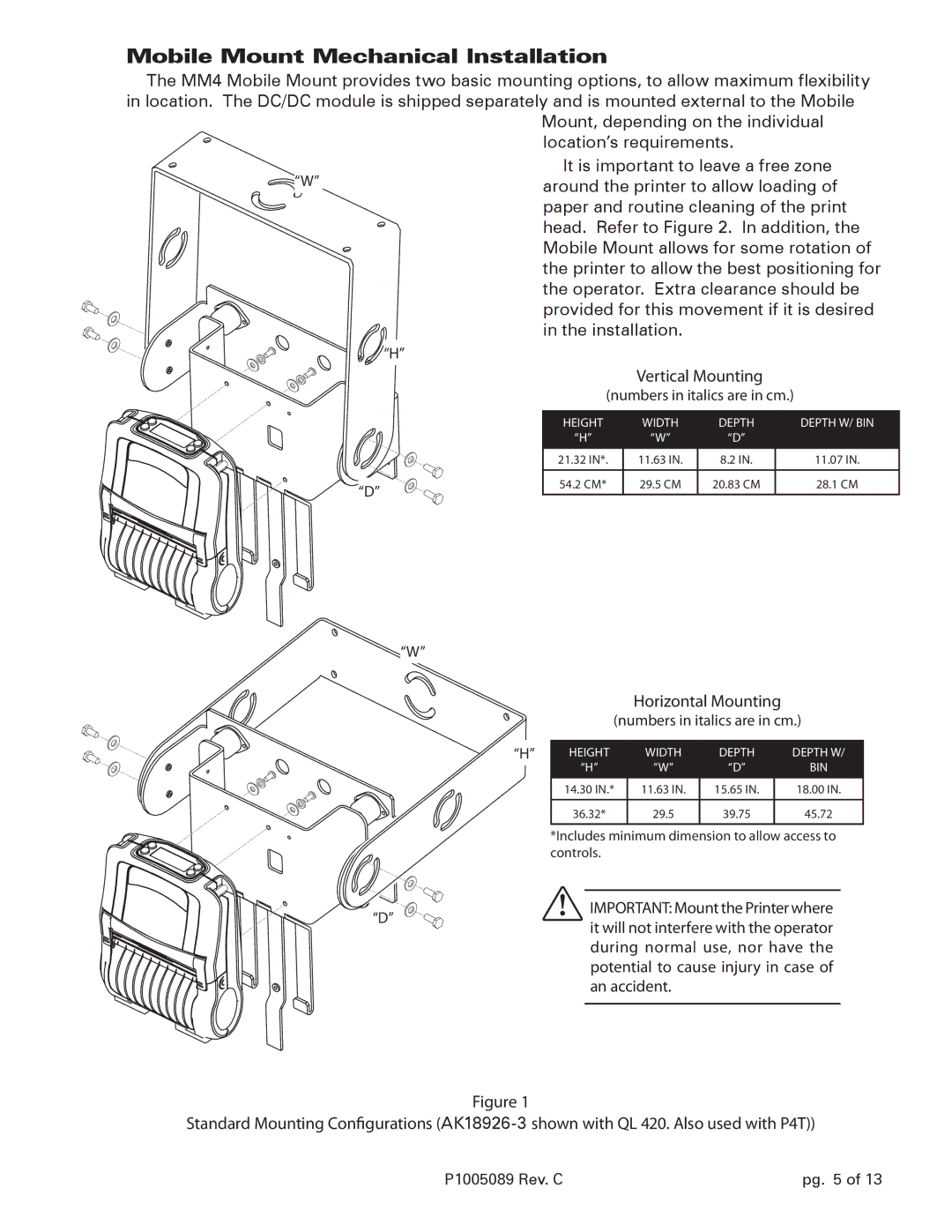 Zebra Technologies RP4T Mobile Mount Mechanical Installation, Horizontal Mounting, Height Width Depth Depth w/ bin 