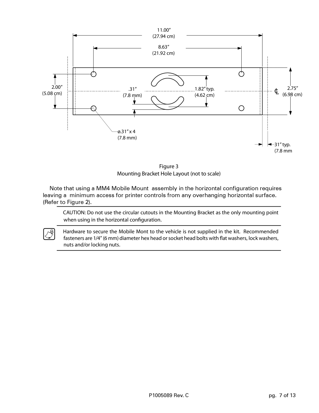 Zebra Technologies Qln420, RP4T, QL420 installation instructions Mounting Bracket Hole Layout not to scale 