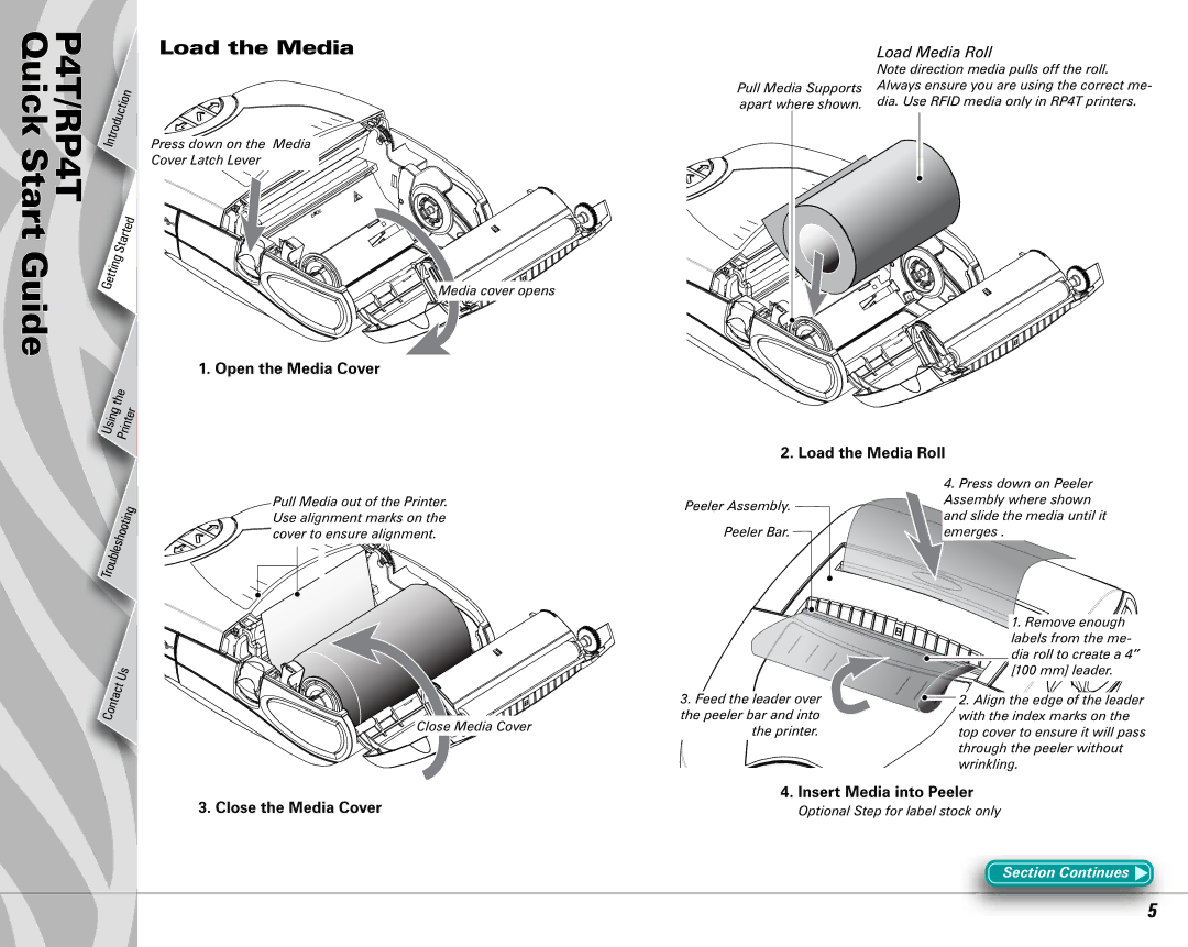 Zebra Technologies RP4T manual Open the Media Cover, Load Media Roll, Load the Media Roll 