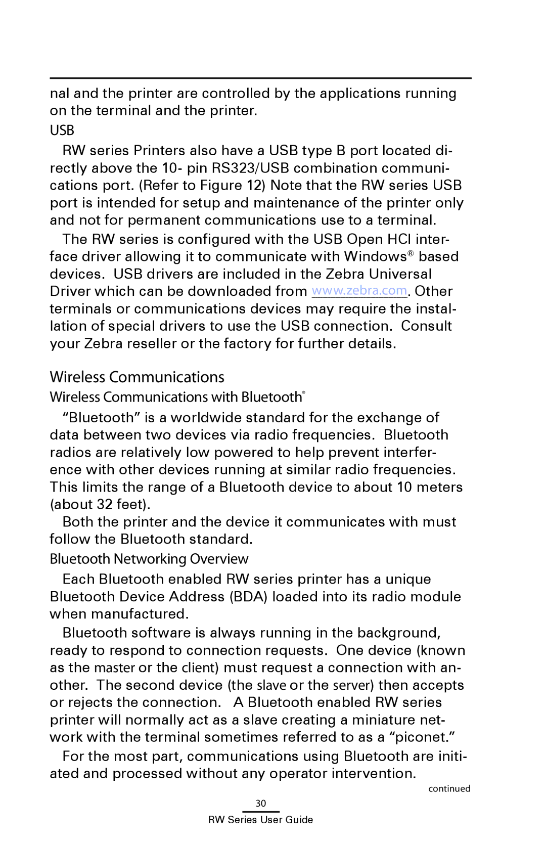 Zebra Technologies RW 220, RW 420 manual Wireless Communications with Bluetooth, Bluetooth Networking Overview 