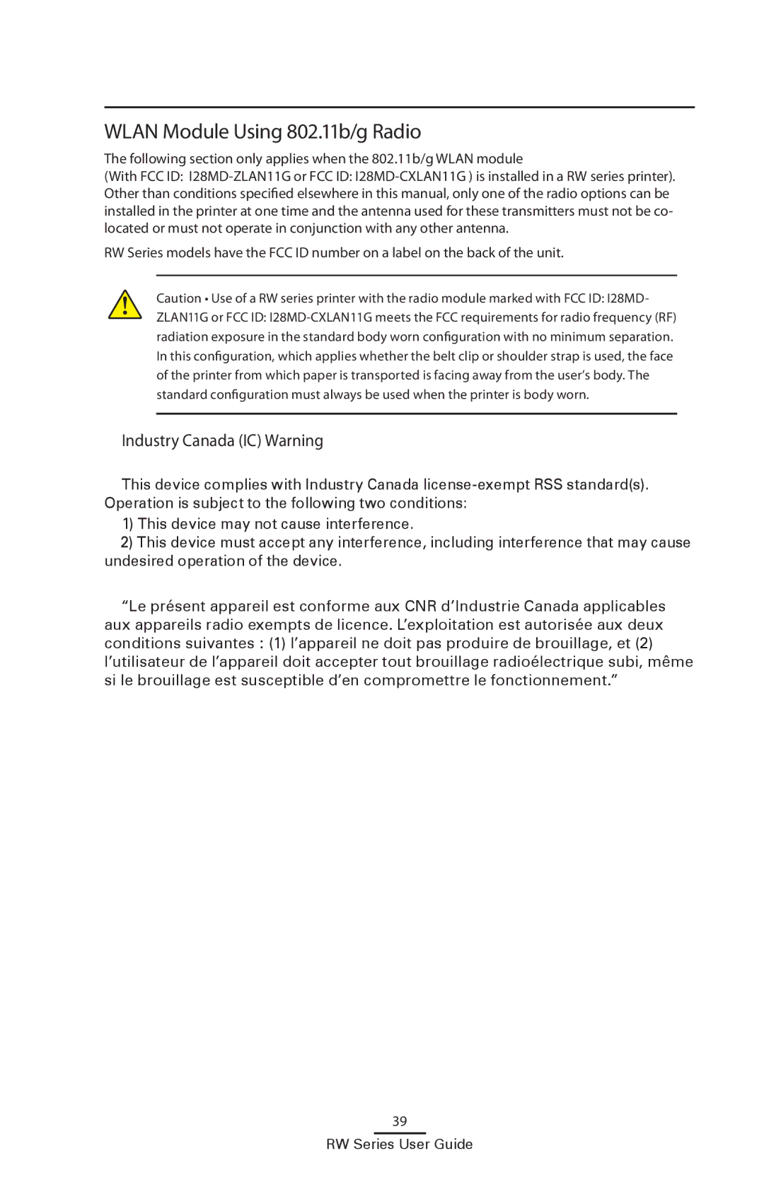 Zebra Technologies RW 420, RW 220 manual Wlan Module Using 802.11b/g Radio, Industry Canada IC Warning 