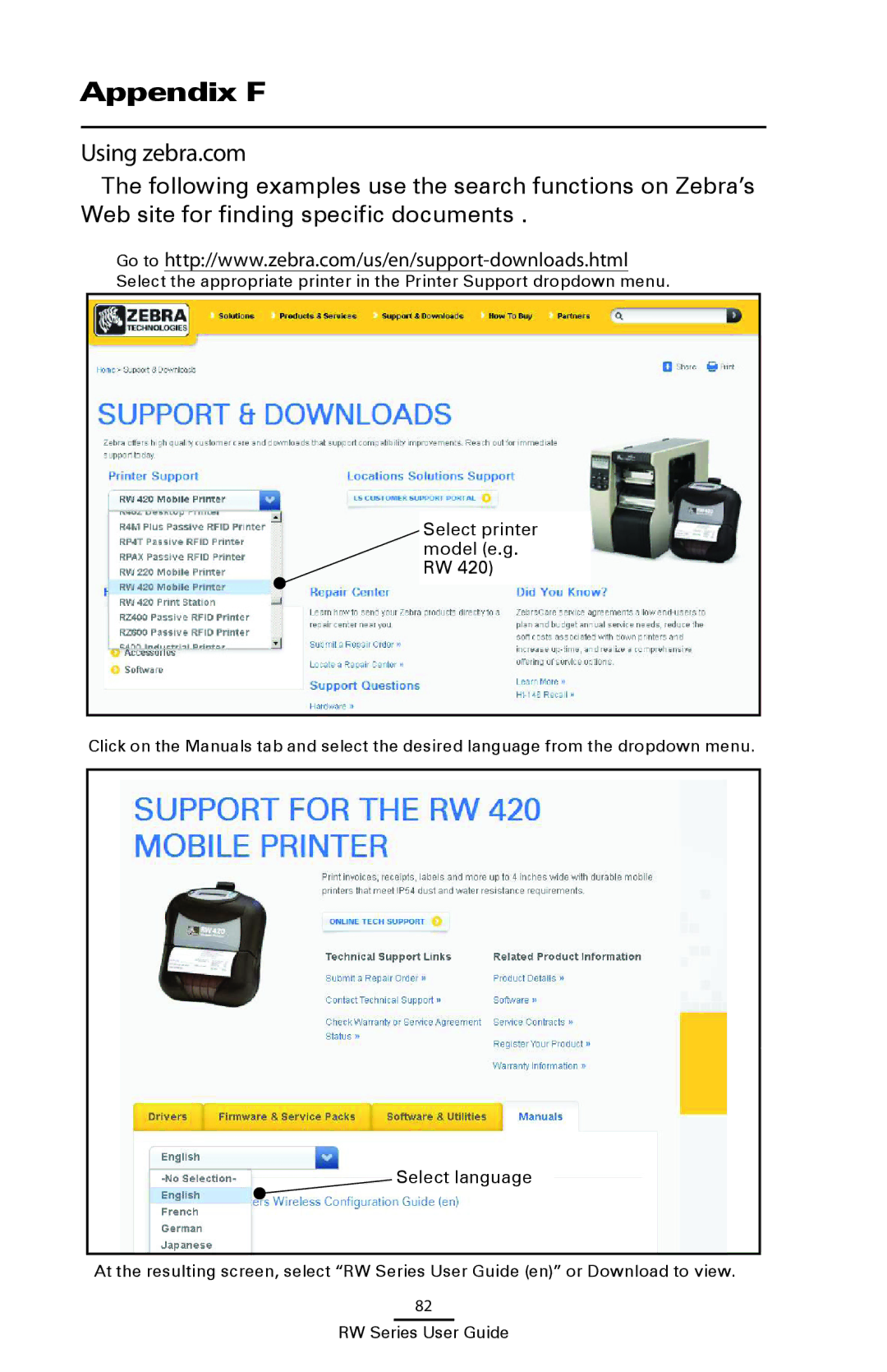 Zebra Technologies RW 220, RW 420 manual Appendix F, Using zebra.com, Select printer model e.g. RW, Select language 