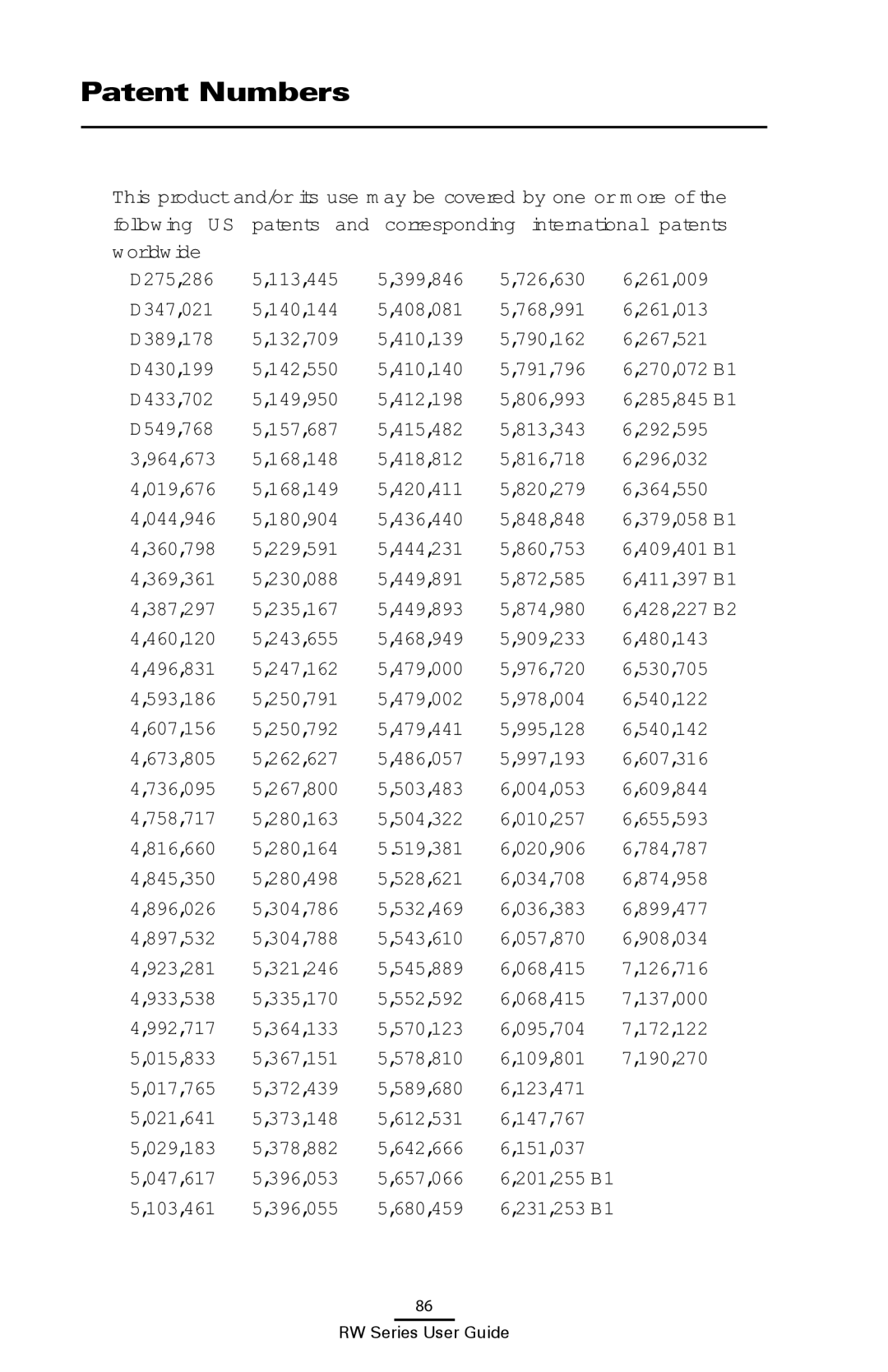 Zebra Technologies RW 220, RW 420 manual Patent Numbers, 201,255 B1 