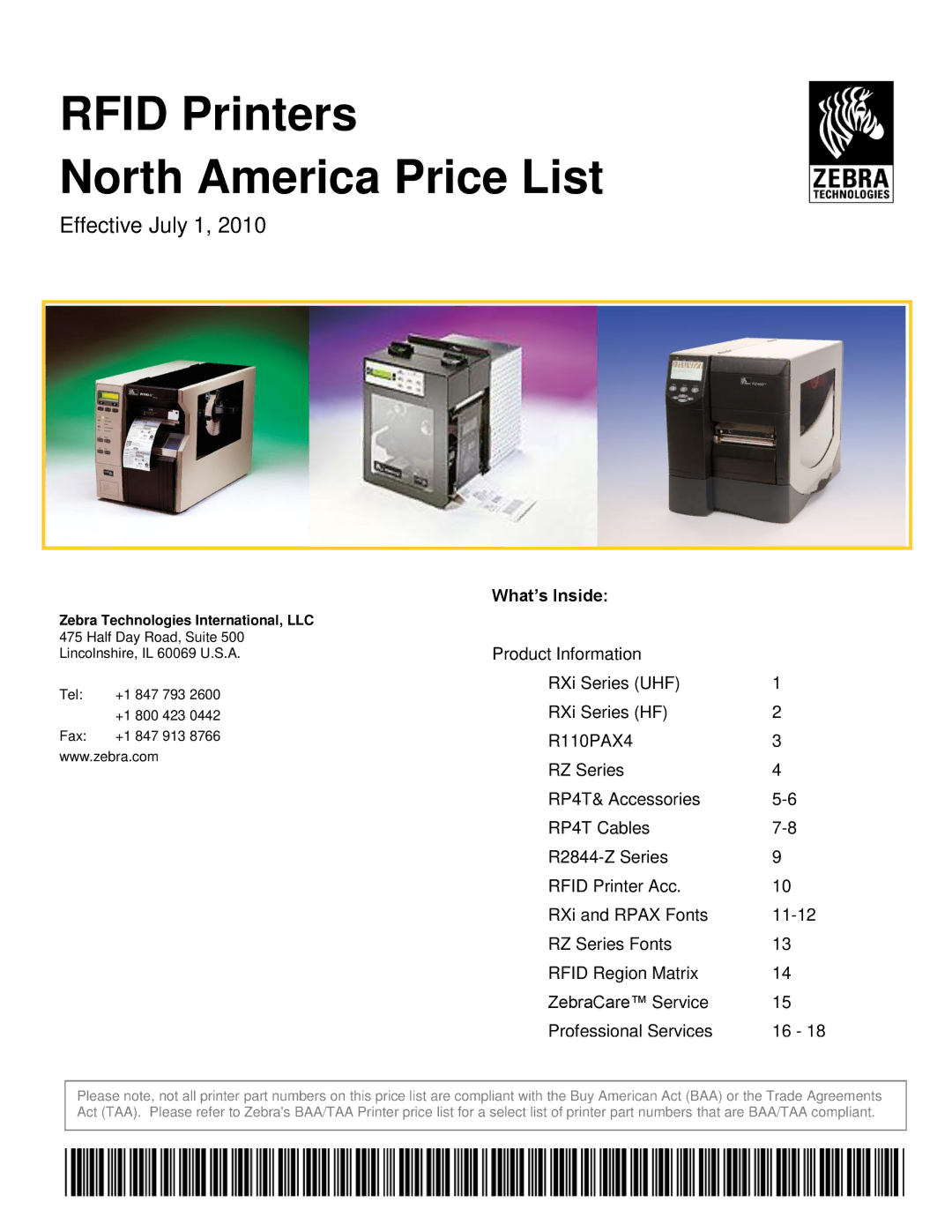 Zebra Technologies RXI SERIES (UHF) manual Rfid Printers North America Price List 