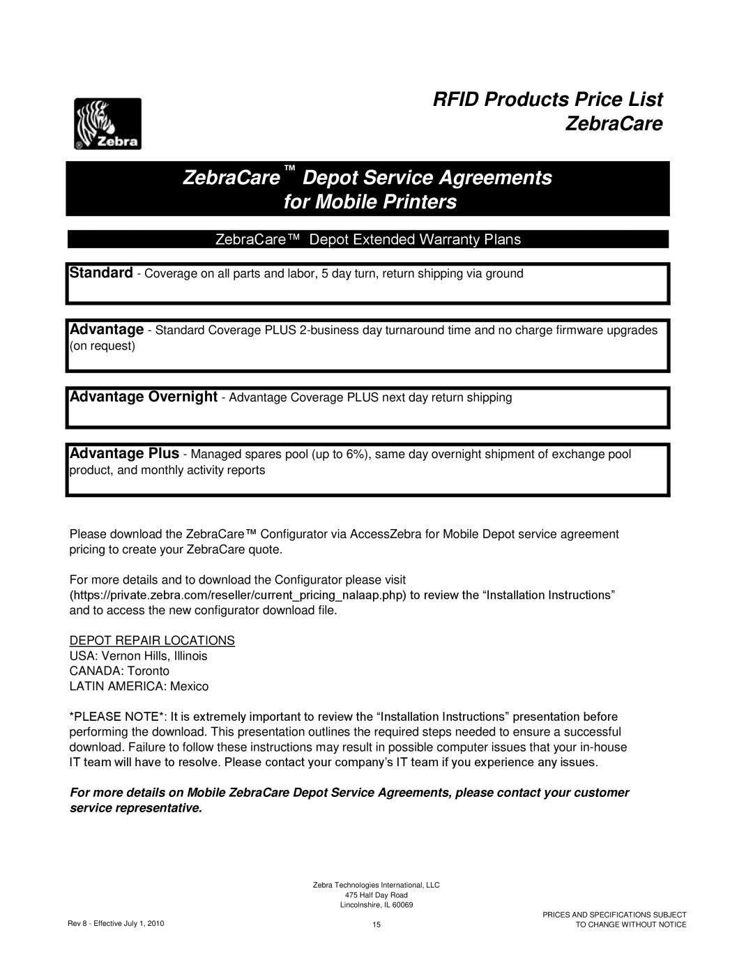 Zebra Technologies RXI SERIES (UHF) manual ZebraCare Depot Service Agreements For Mobile Printers 