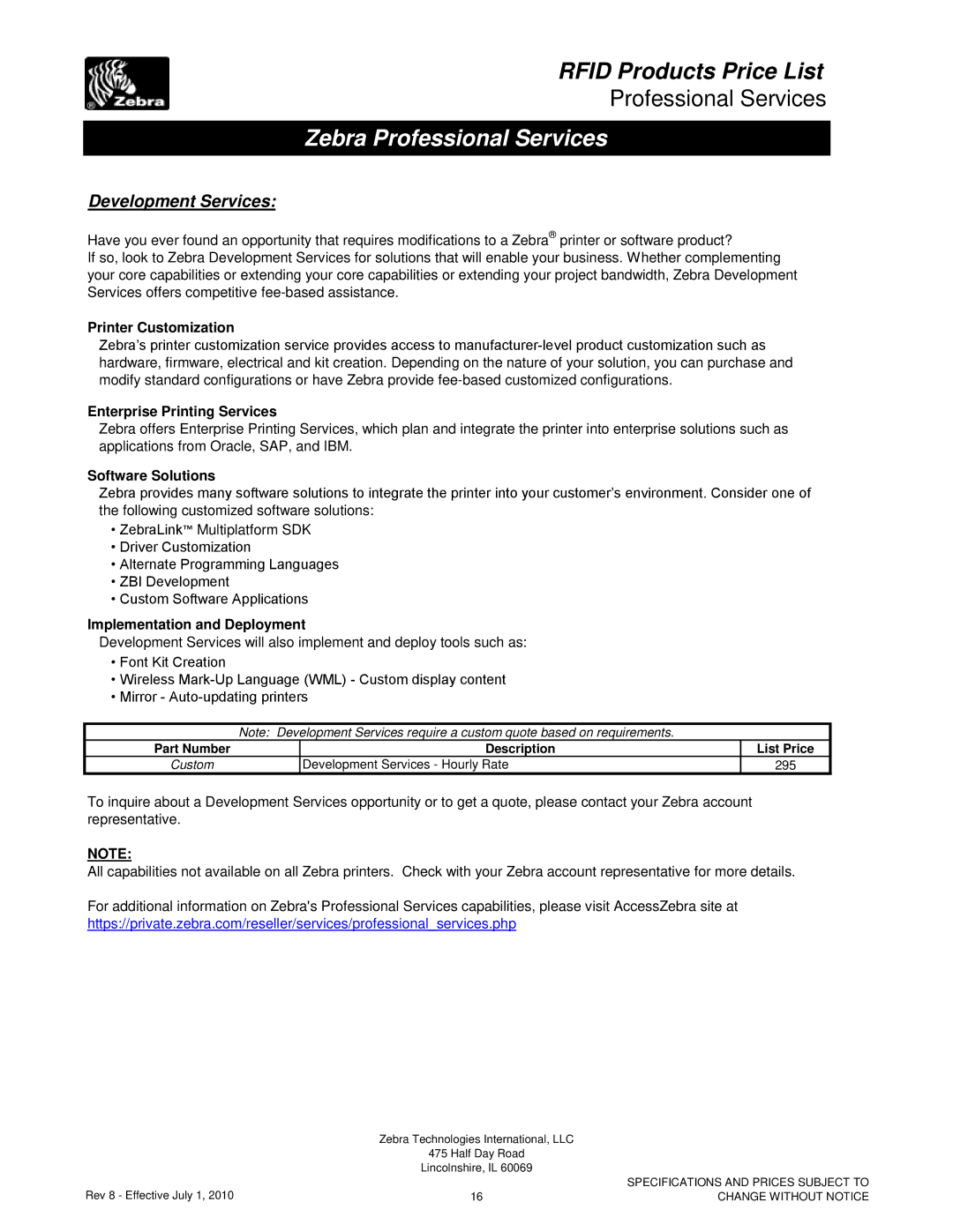 Zebra Technologies RXI SERIES (UHF) manual Development Services, Printer Customization, Enterprise Printing Services 