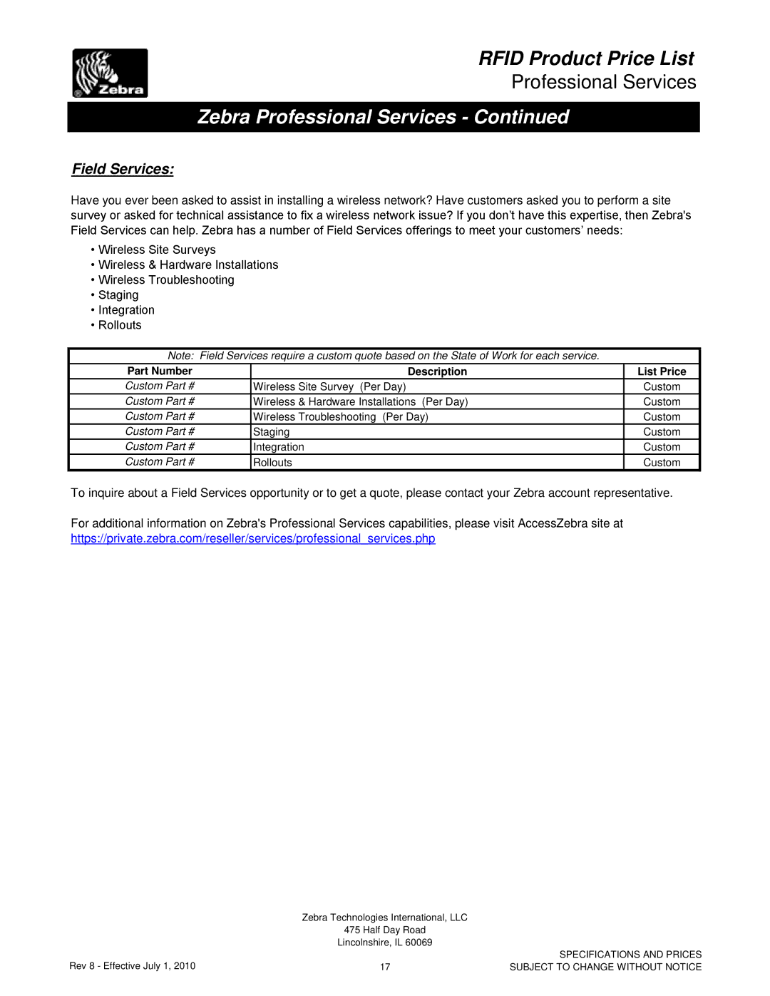 Zebra Technologies RXI SERIES (UHF) manual Field Services, Part Number Description 