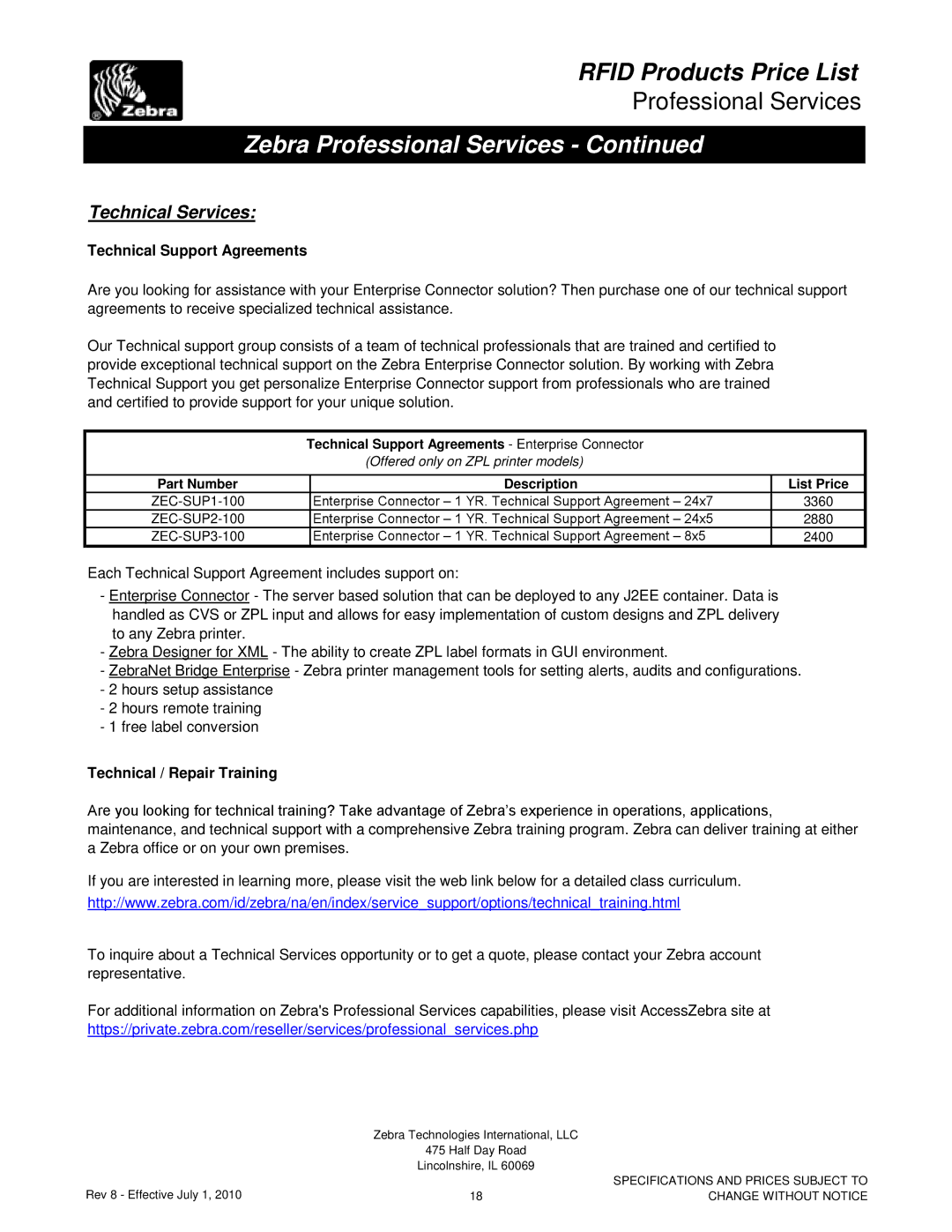 Zebra Technologies RXI SERIES (UHF) manual Technical Services, Technical Support Agreements, Technical / Repair Training 