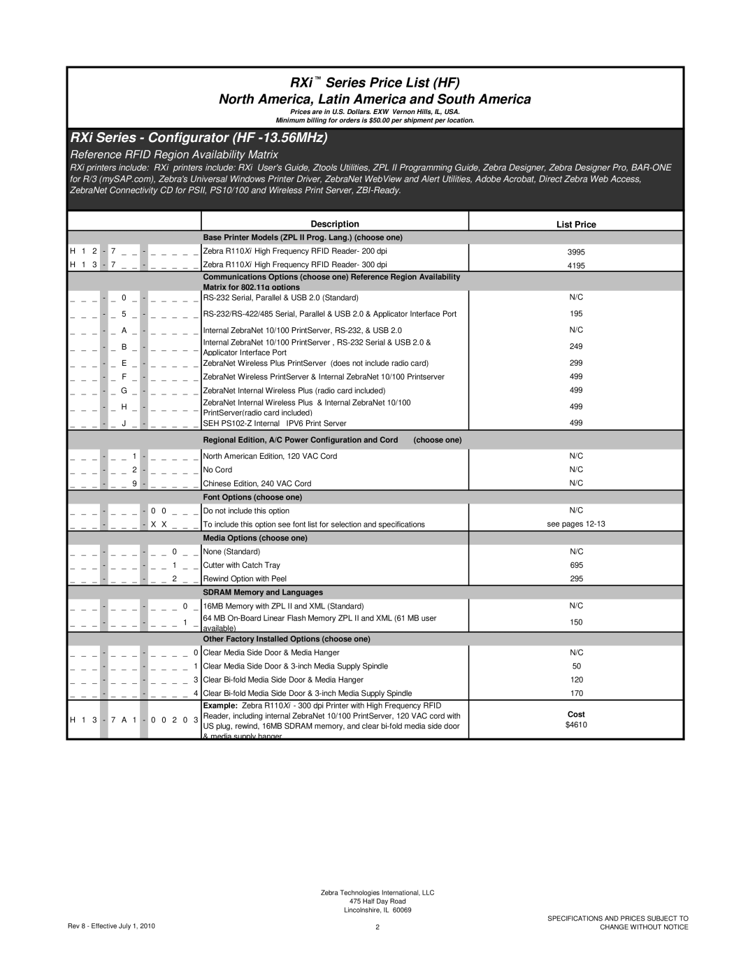 Zebra Technologies RXI SERIES (UHF) manual RXi Series Configurator HF -13.56MHz, $4610, Media supply hanger 