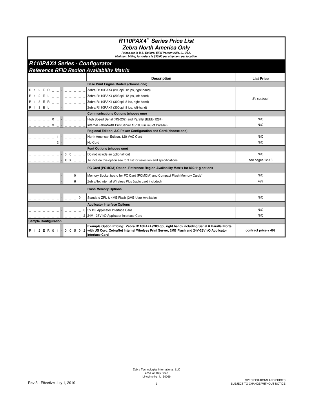 Zebra Technologies RXI SERIES (UHF) R110PAX 4 Series Price List Zebra North America Only, R110PAX4 Series Configurator 