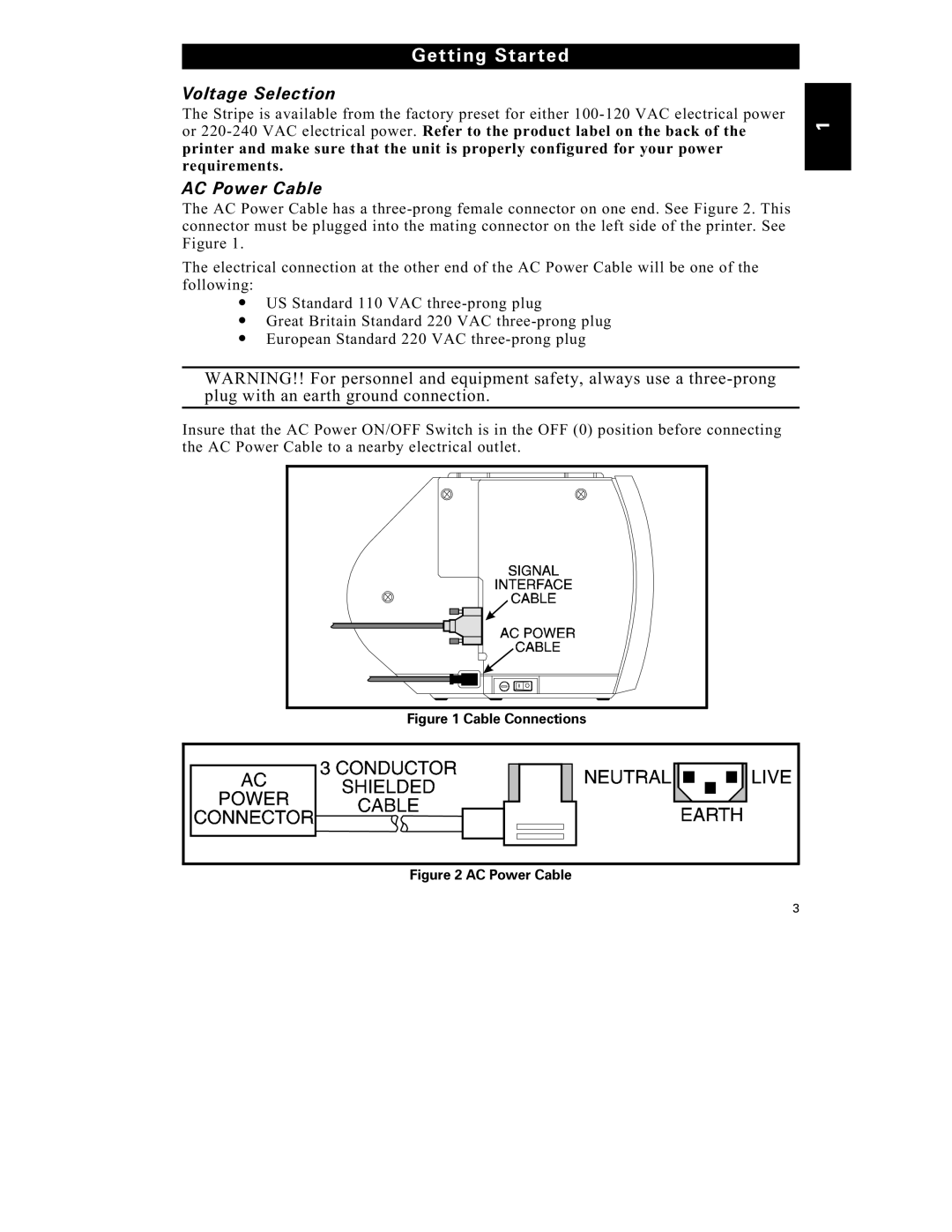 Zebra Technologies S-300 manual Voltage Selection, AC Power Cable 