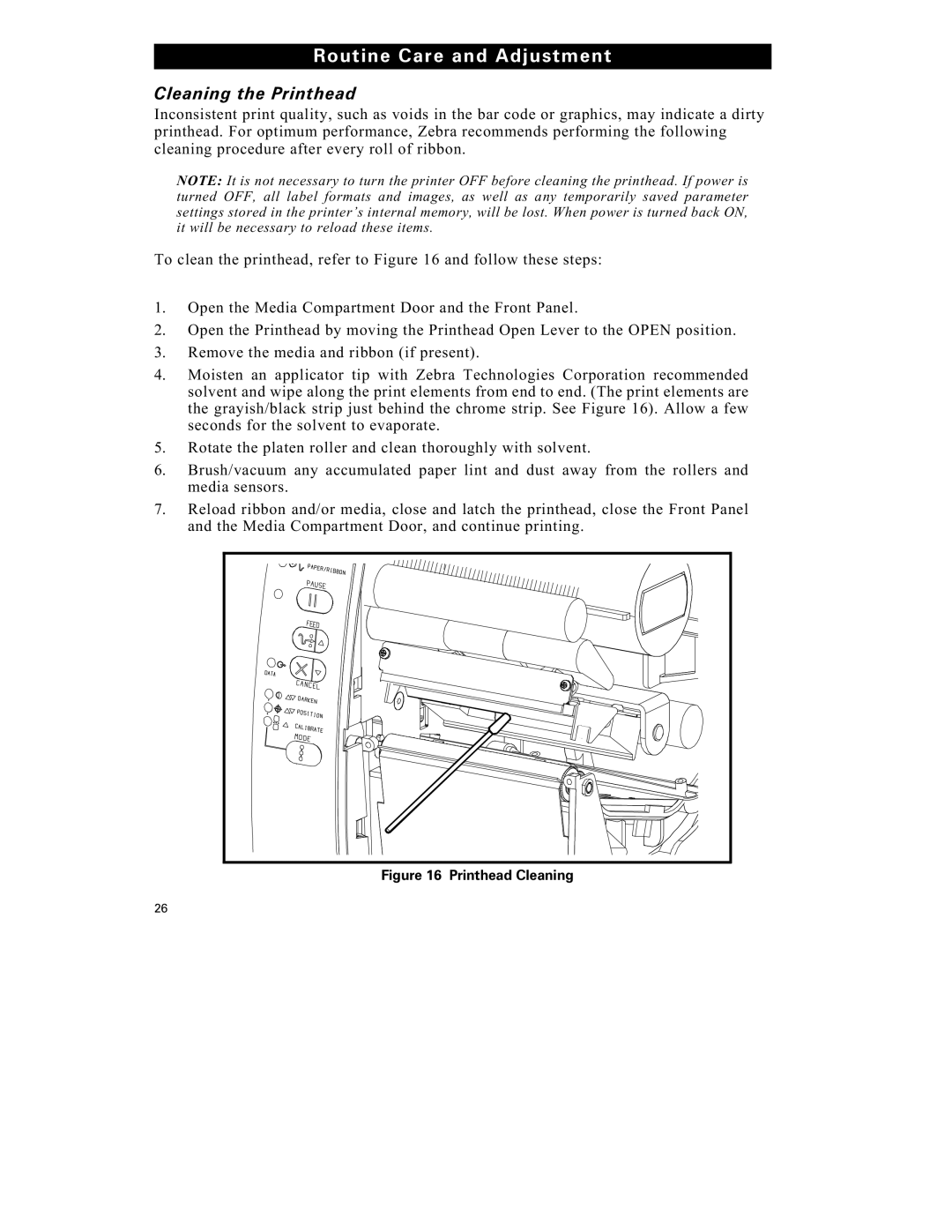 Zebra Technologies S-300 manual Routine Care and Adjustment, Cleaning the Printhead 