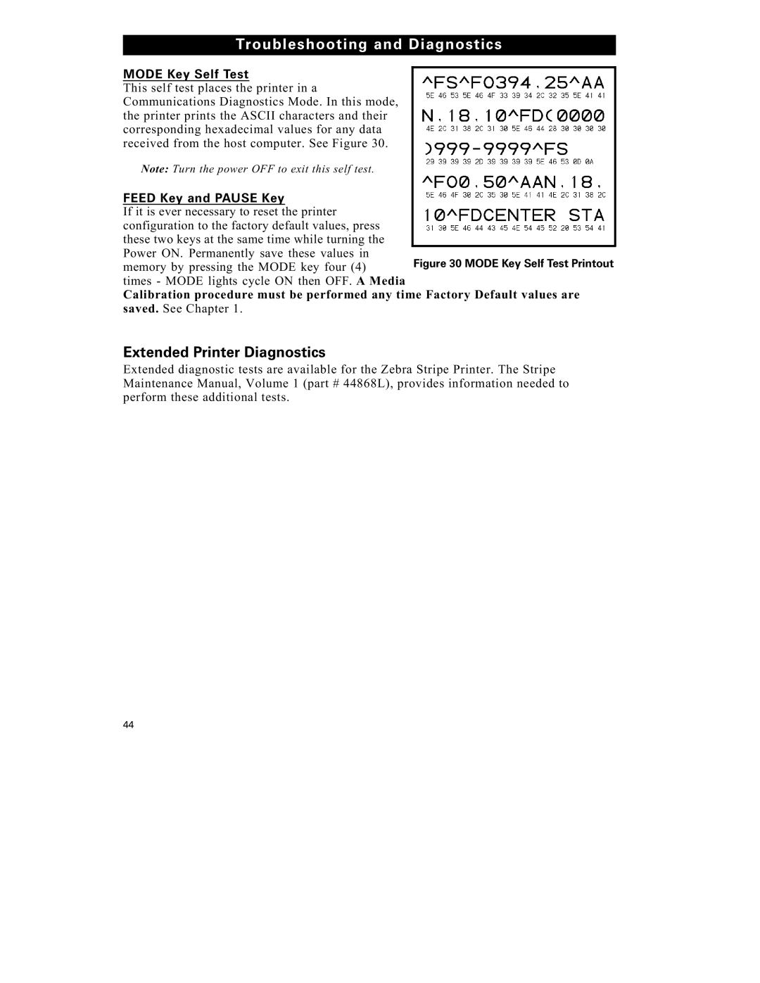 Zebra Technologies S-300 manual Extended Printer Diagnostics, Mode Key Self Test, Feed Key and Pause Key 