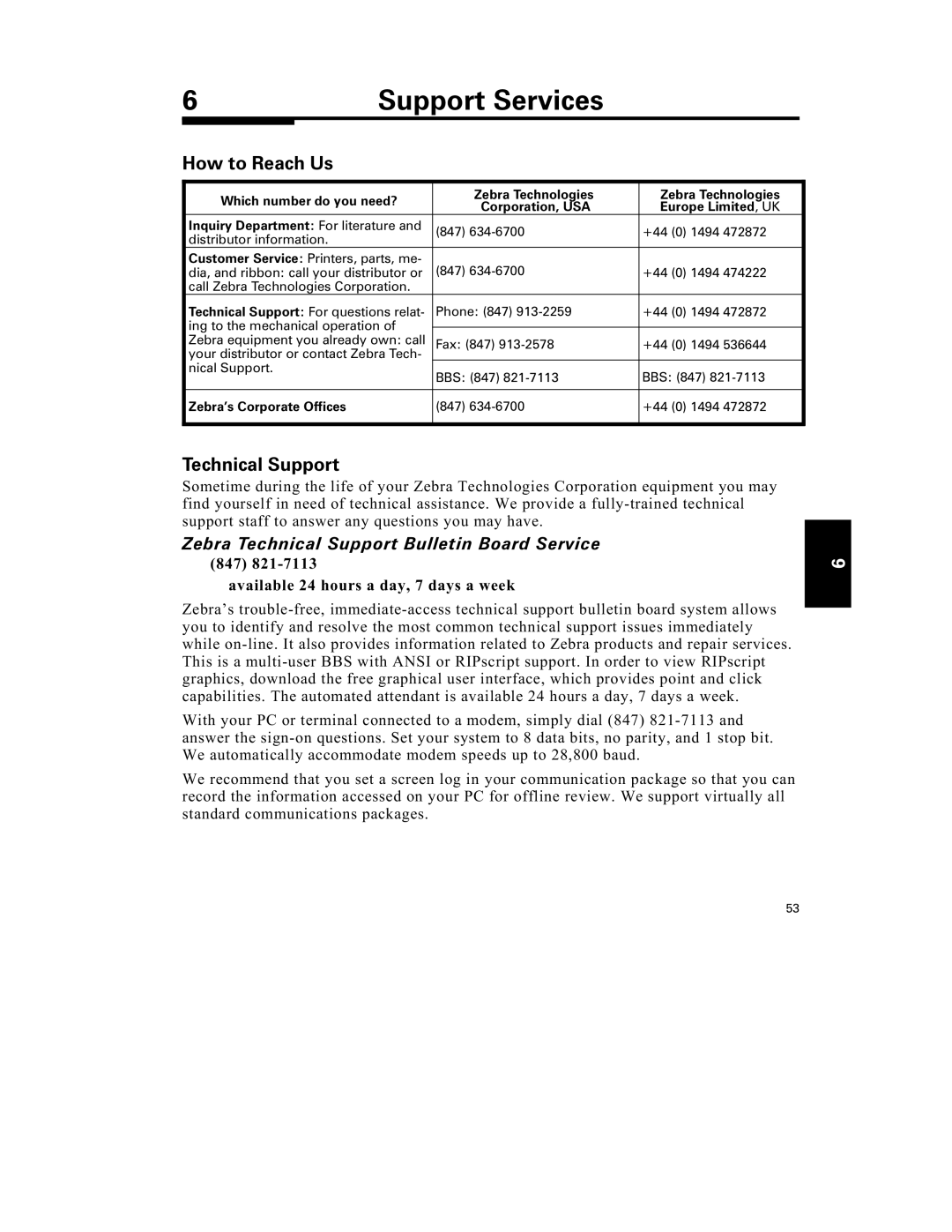 Zebra Technologies S-300 How to Reach Us, Zebra Technical Support Bulletin Board Service, Zebra’s Corporate Offices 